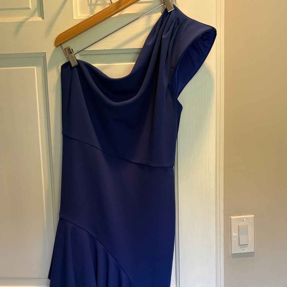 Jewel Badgley Mischka Ruffle One-Shoulder Asymmetrical Dress in Cobalt